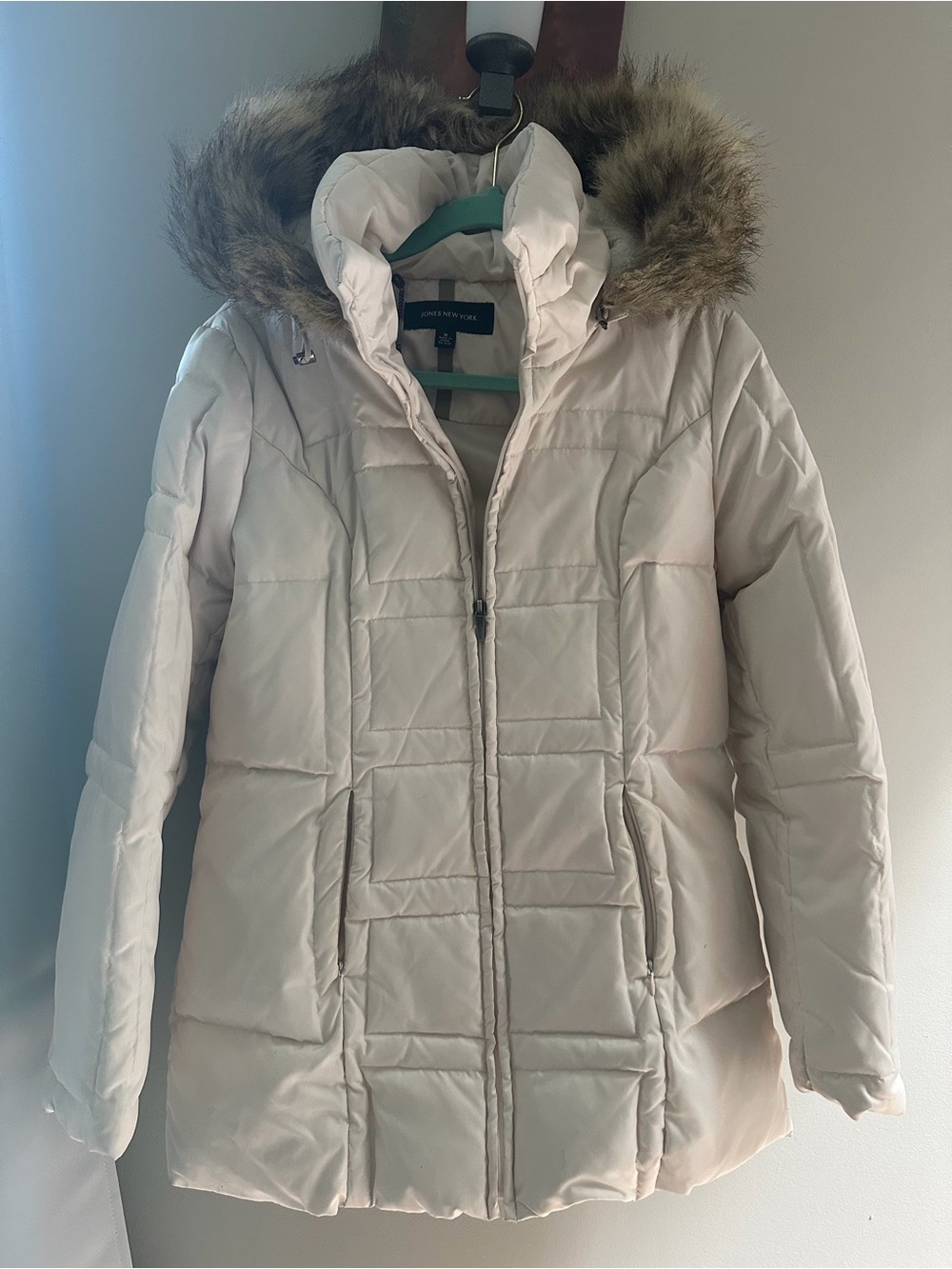 Jones New York Ivory Puffer Coat with Faux Fur Hood